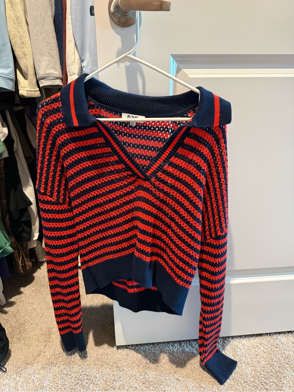 525 America Striped V-Neck Collared Sweater - Red & Navy